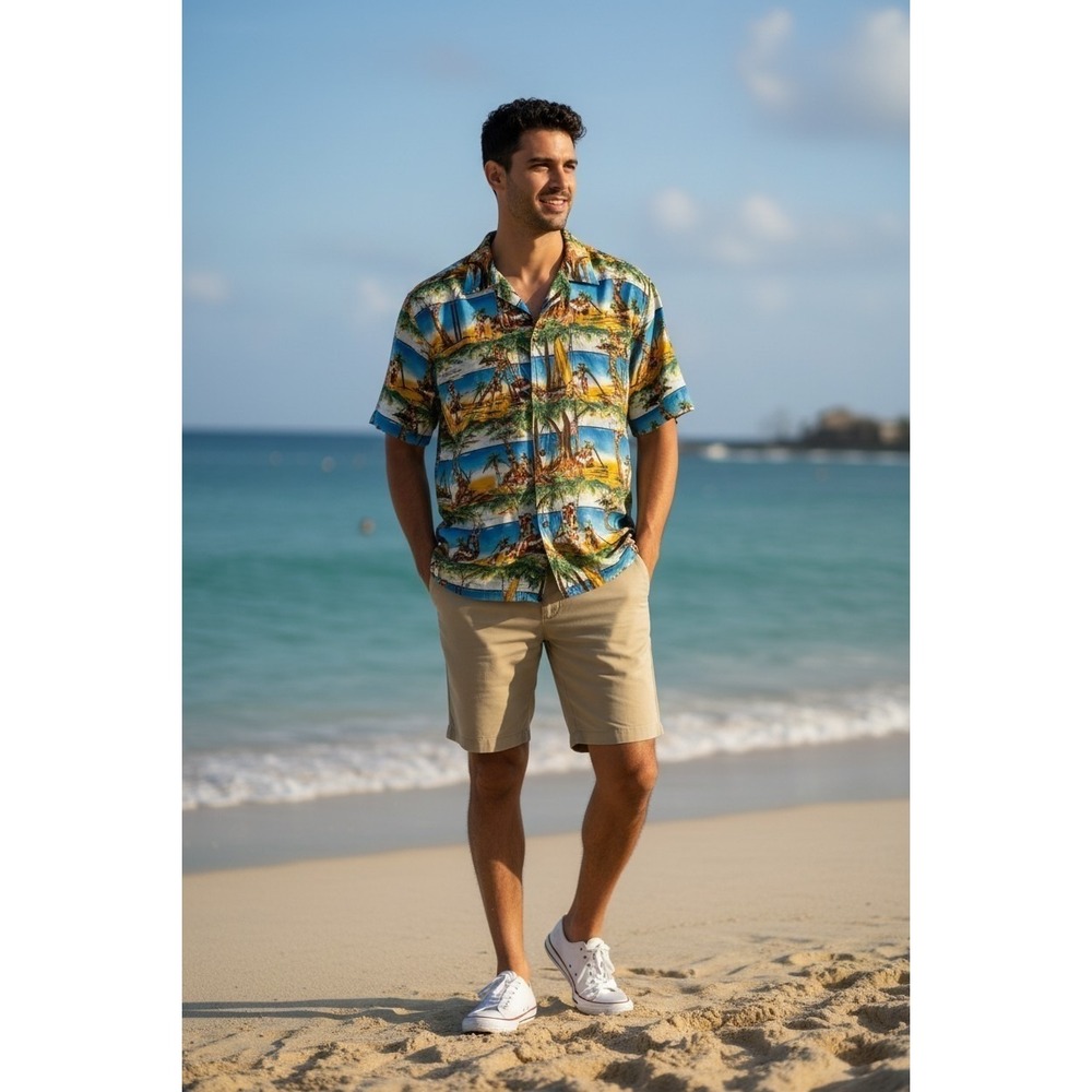 Vintage Mens Reyn Spooner Hawaiian Shirt Brown Blue Multicolor XL Camp Resort